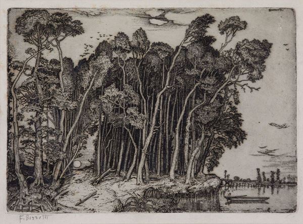 Francesco  Bozzetti Cino - Il Bosco in riva al fiume di sera terza versione