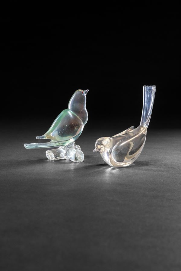 Alfredo Barbini,Ercole Barovier - Due uccellini vetro cristallo iridato