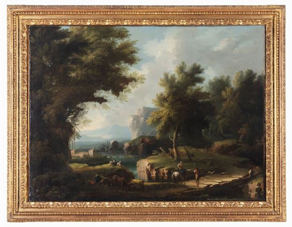 Pittore veneto dei primi del '700 - Paesaggio con viandanti e pastori