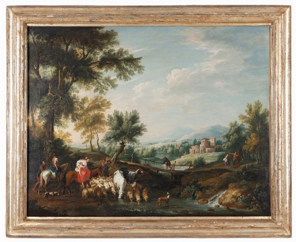 Pittore veronese del XVIII secolo - Paesaggio fluviale con ponte, pastori e armenti