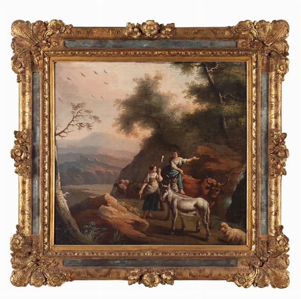 Pittore lombardo del XVIII secolo : Paesaggio con figure  - Asta Antiquariato - Incanto Casa d'Aste e Galleria