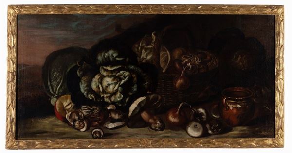 Pittore lombardo della seconda met&#224; del XVII secolo - Natura morta con ortaggi e funghi