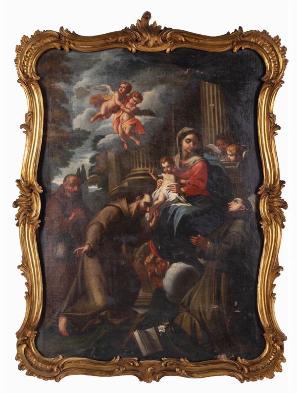 Pittore lombardo del XVIII secolo - Madonna con bambino e i santi Francesco, Antonio da Padava e Felix da Cantalice
