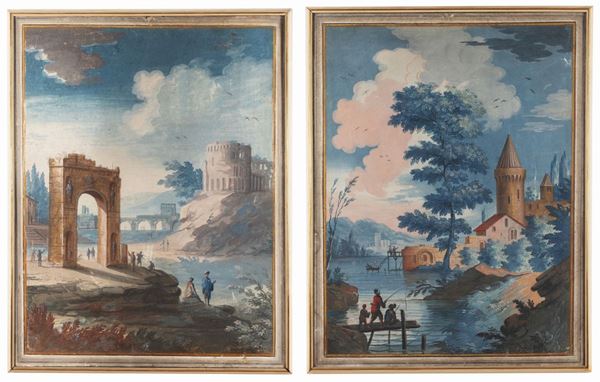 Pittore piemontese della seconda met&#224; del XVIII secolo - Paesaggio con ruderi
Paesaggio con castello e personaggi