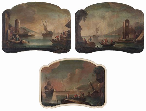Francesco Antoniani (ambito di) - Tre sopraporte raffiguranti porti con barche