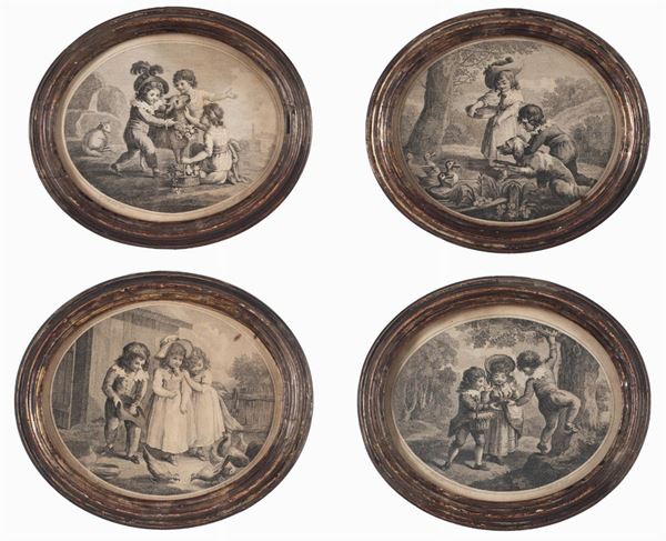 Quattro incisioni con giochi di putti