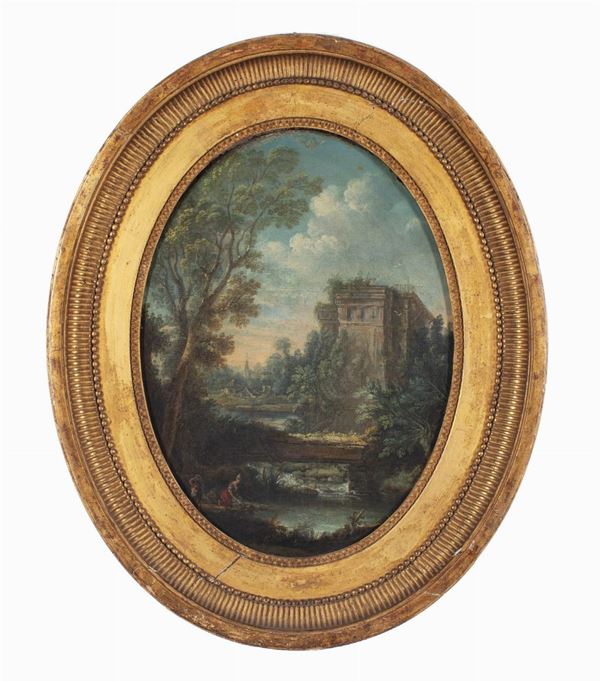 Pittore fiammingo del XVIII secolo - Paesaggio con rovine, fiume e lavandaie