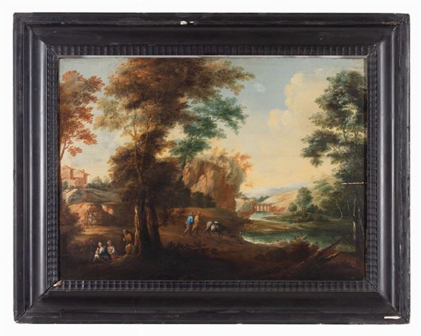 Scuola fiamminga del XVIII secolo : Paesaggio con figure  - Asta Antiquariato - Incanto Casa d'Aste e Galleria