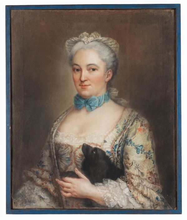Pastellista francese del XVIII secolo : Ritratto di dama con il cane  - Asta Antiquariato - Incanto Casa d'Aste e Galleria