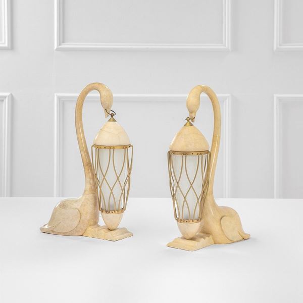 Aldo Tura - Coppia di lampade da comodino a guisa di cigno