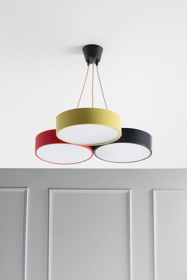 Stilnovo - Lampadario a tre diffusori colorati