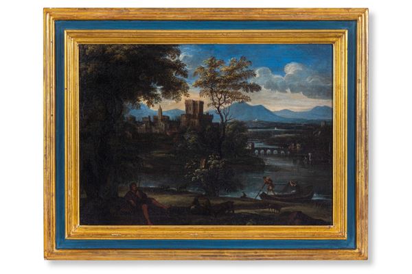 Gian Battista Viola (attr.) - Paesaggio fluviale con figure