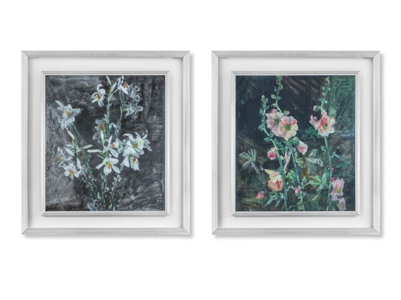 Autore non identificato, Due nature morte con fiori, tecnica mista su cartoncino