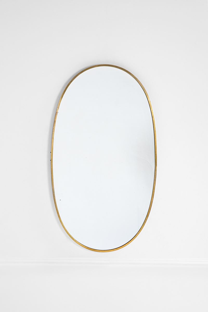 Specchio da parete, vetro specchiato e cornice in ottone dorato, circa 1960