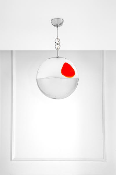 Lampada a sospensione in vetro e metallo, circa 1970
