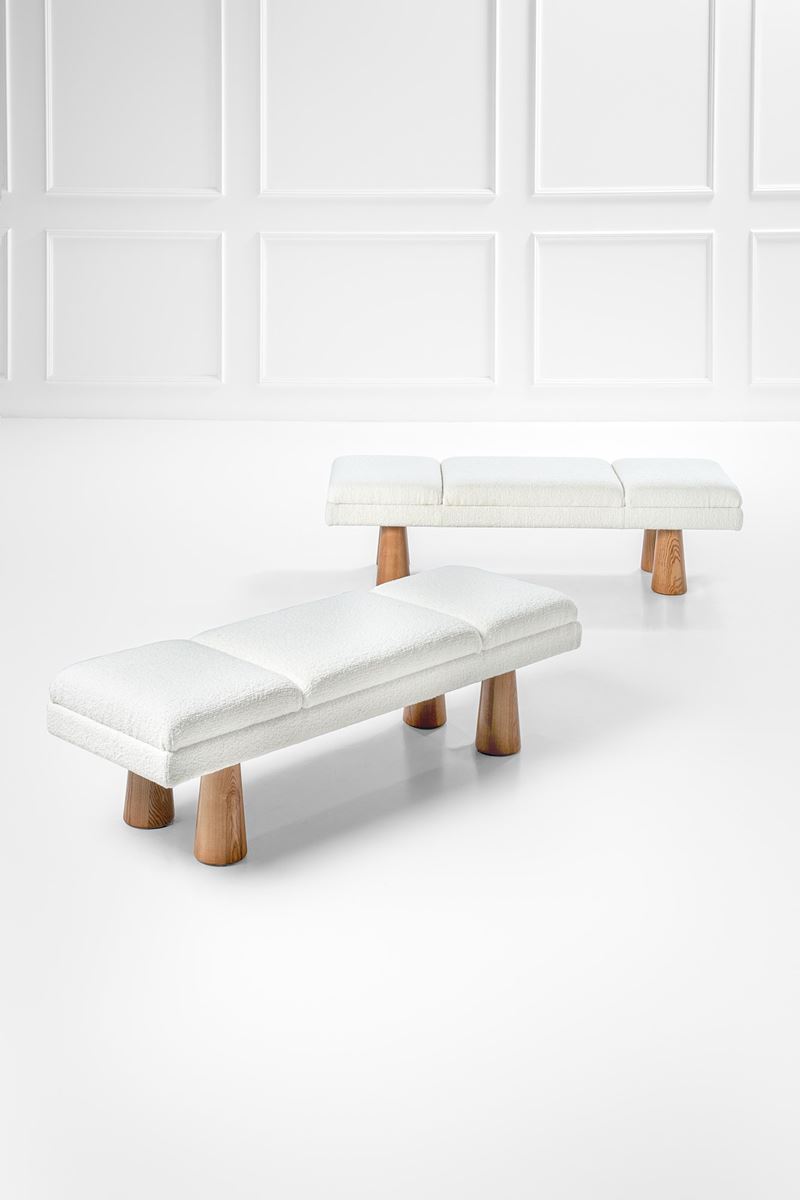 Panche a tre posti, legno massello tornito e lana bouclé, ca. 1970