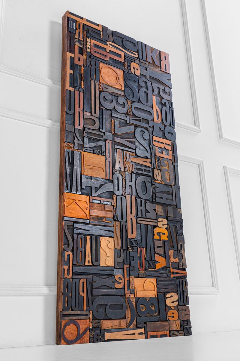 Pannello decorativo, legno multistrato e tessere in legno massello, circa 1980