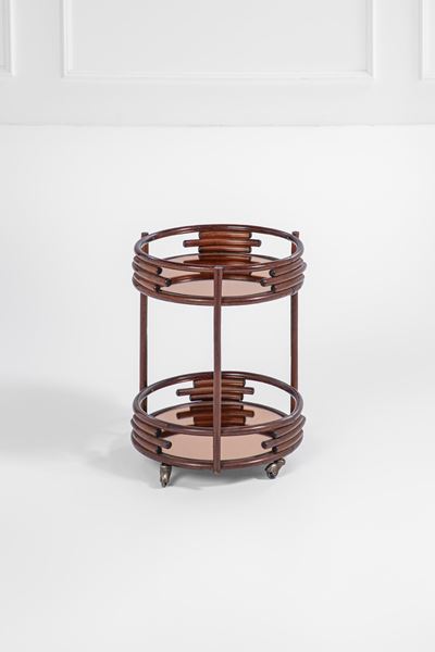 Carrello, legno tinto curvato e vetro colorato specchiato, circa 1950