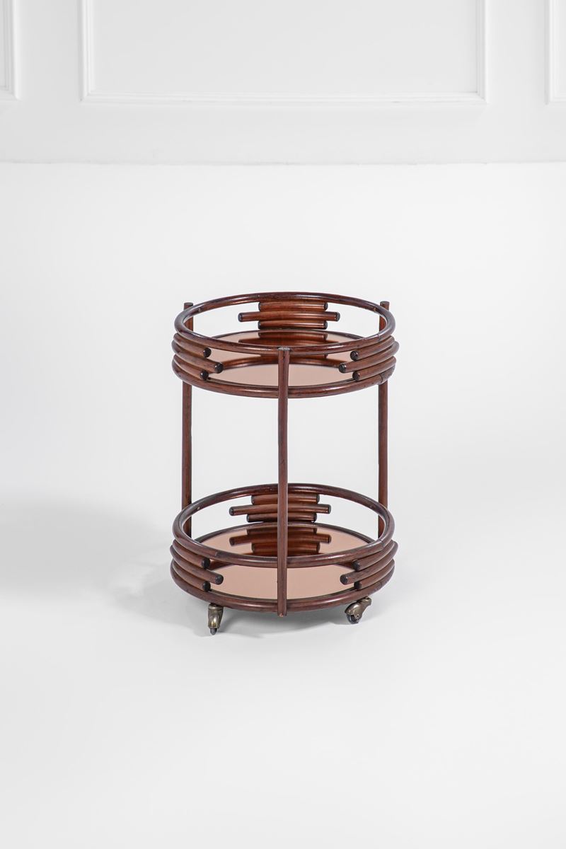 Carrello, legno tinto curvato e vetro colorato specchiato, circa 1950