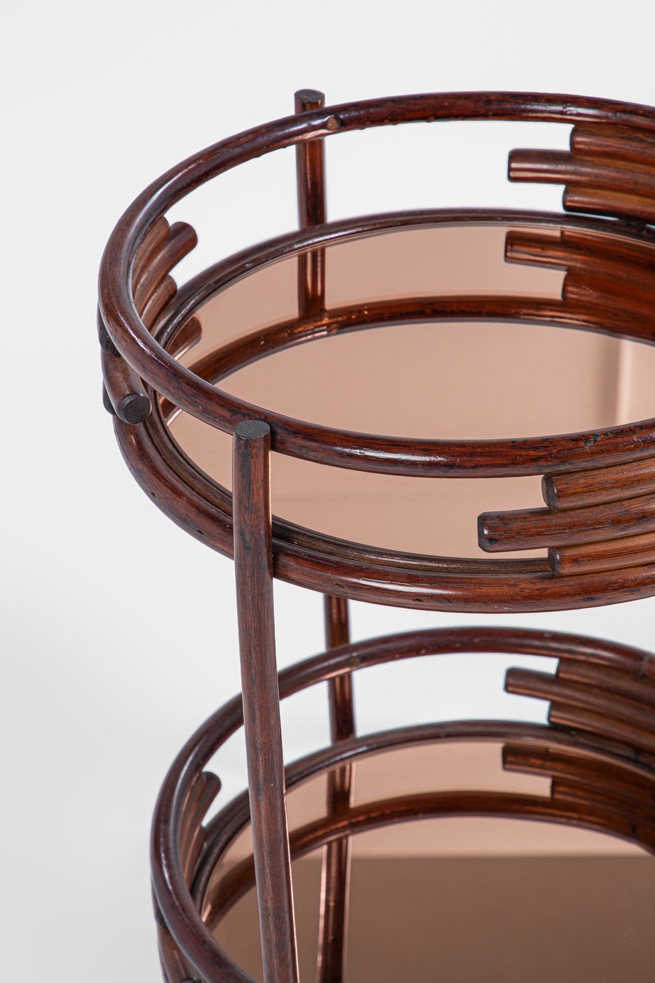 Carrello, legno tinto curvato e vetro colorato specchiato, circa 1950