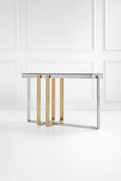 Console, metallo cromato, ottone e vetro colorato, ca. 1970