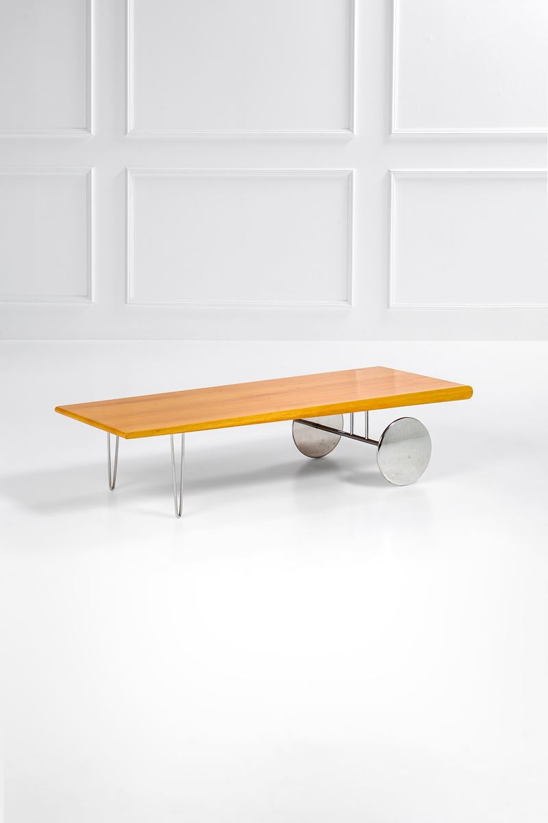 Gilles Derain - Tavolino con ruote in legno verniciato e metallo cromato