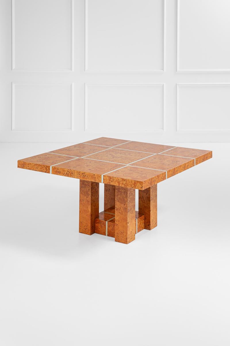 Tavolo in legno lastronato in radica e metallo cromato, circa 1970