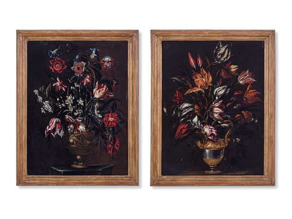 Scuola romana del XVII-XVIII sec. - Coppia di nature morte con vaso di fiori