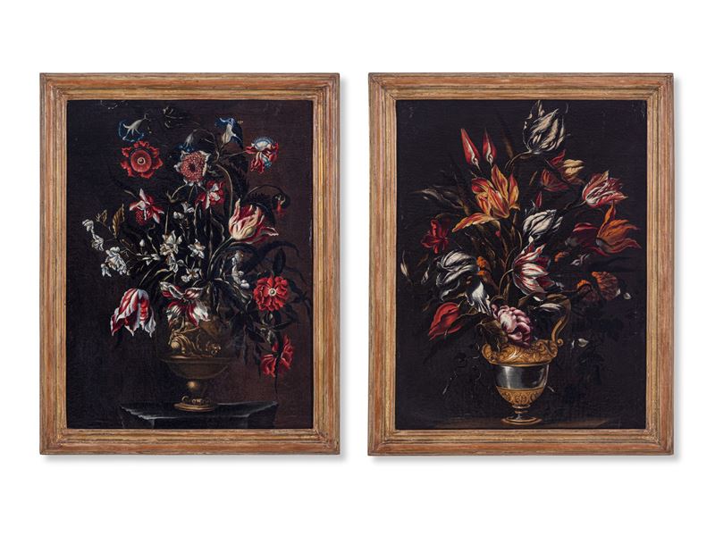Scuola romana del XVII-XVIII sec. - Coppia di nature morte con vaso di fiori