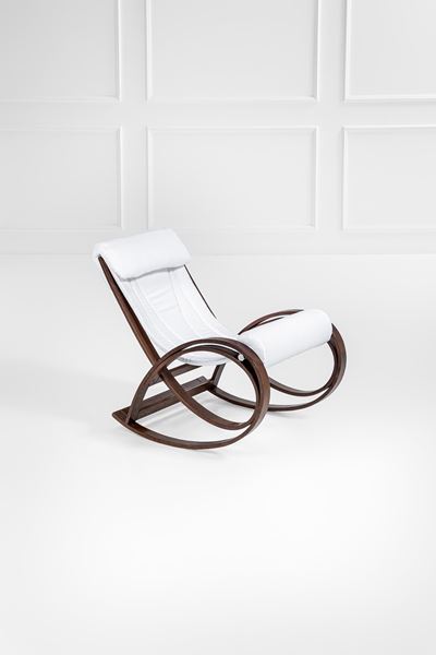Poltrona a dondolo modello Sgarsul, legno laccato e tessuto, 1962