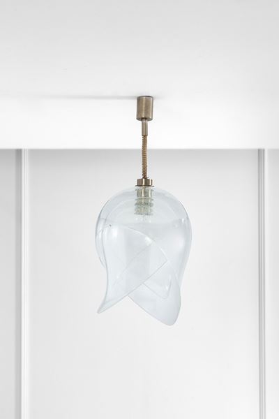 Lampada a sospensione mod. LS 177, metallo e vetro a bollicine