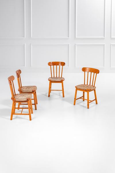 Poltronova, Quattro sedie in legno di pino e paglia, circa 1970