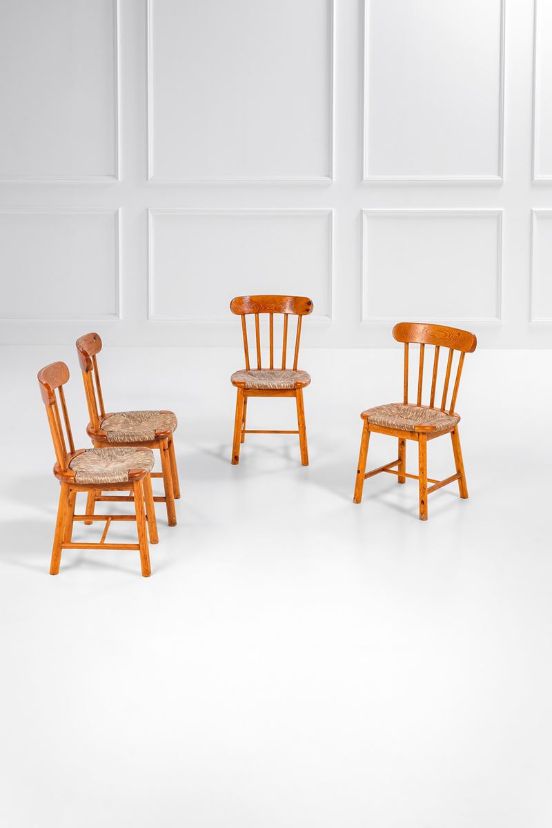 Poltronova, nel Gusto di - Poltronova, Quattro sedie in legno di pino e paglia, circa 1970
