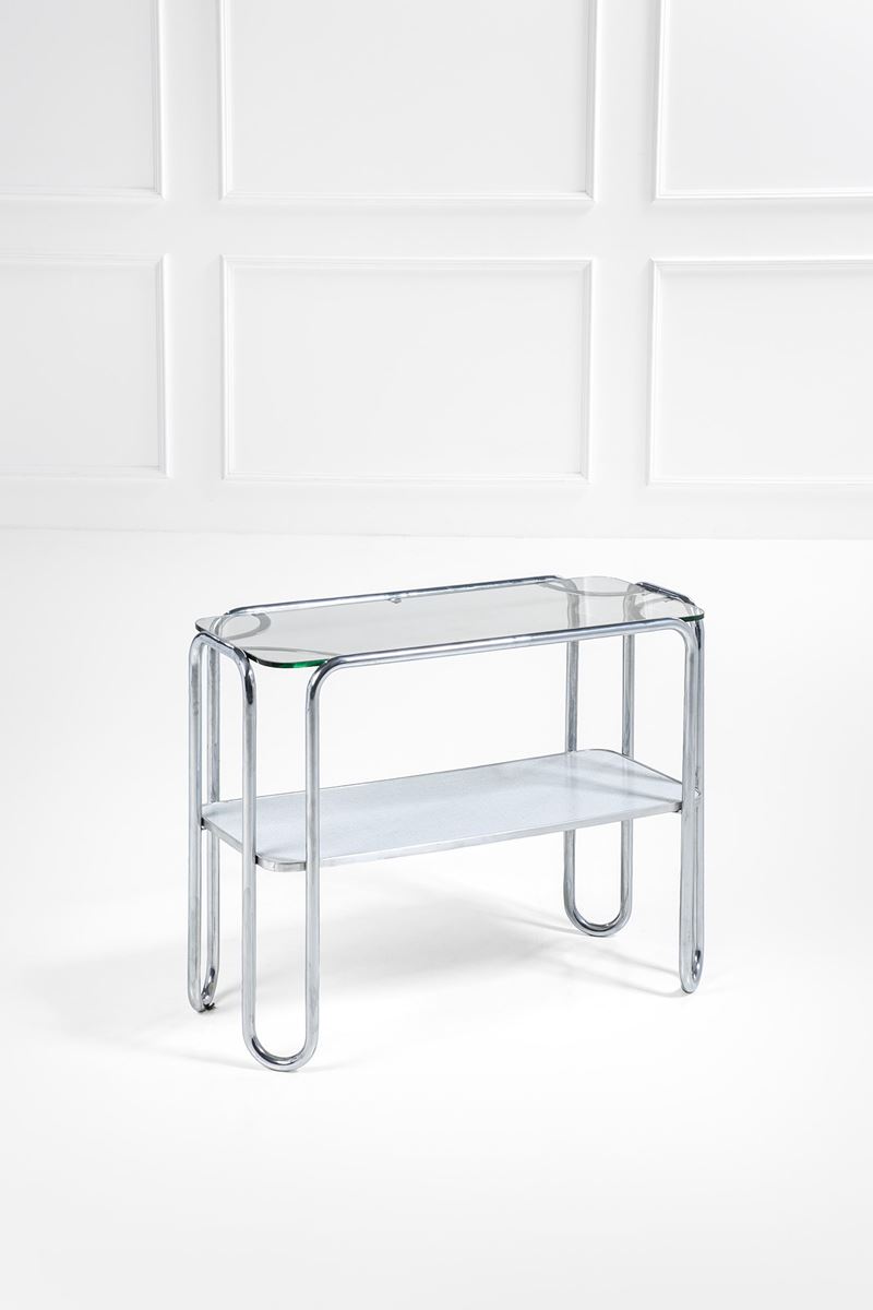 Thonet (attr.) - Etagere in tubolare metallico cromato e cristallo molato