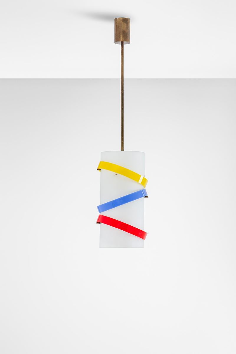 Angelo Lelii - Lampada a sospensione in vetro satinato e metacrilato colorato