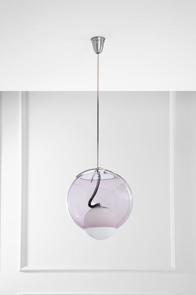 Lampada a sospensione modello Occhio in vetro di Murano e metallo cromato