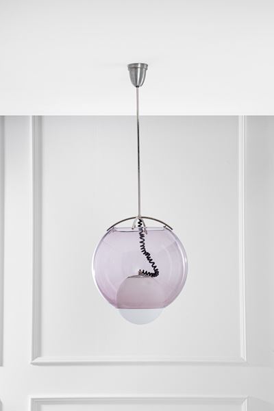 Lampada a sospensione modello Occhio in vetro di Murano e metallo cromato