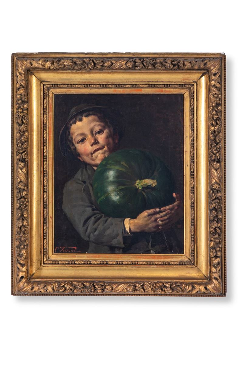 Cesare Viazzi - Ritratto di ragazzo con zucca, olio su tela