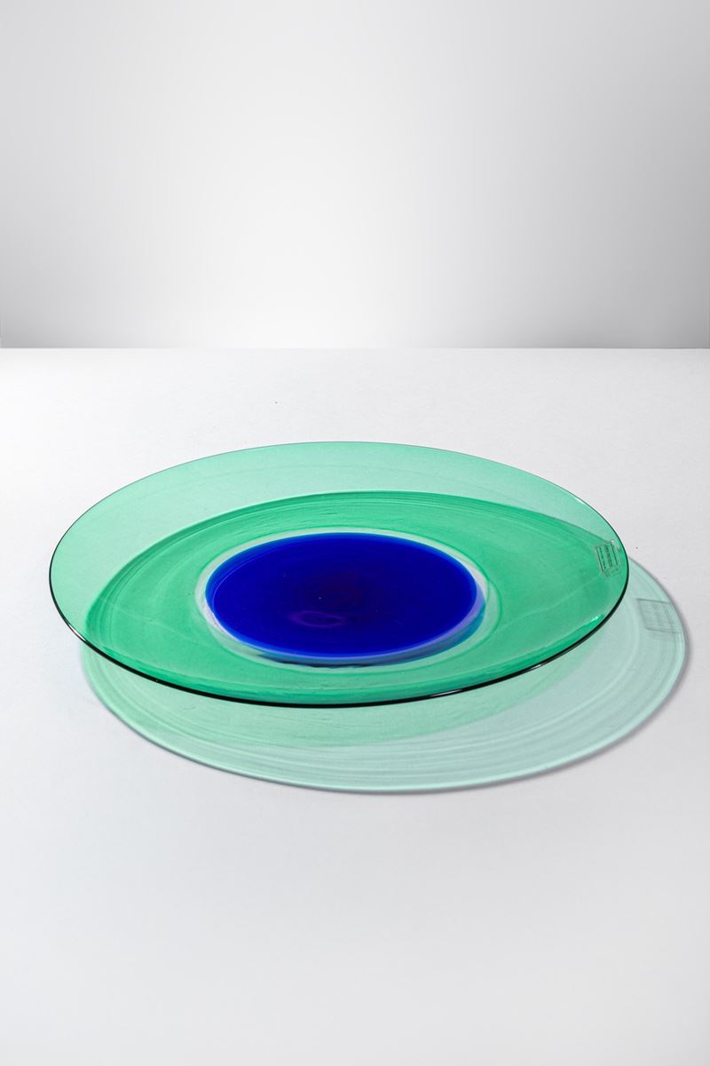 Effetre International - Grande piatto in vetro soffiato verde con disco centrale blu