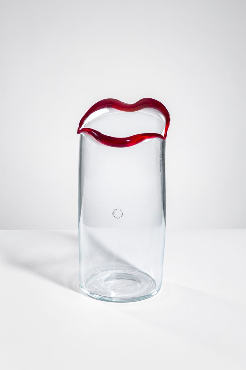 Fulvio Bianconi - Vaso della serie Sorriso, vetro cristallo con orlo in lattimo e rosso