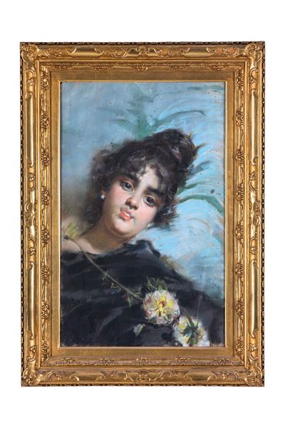 Ritratto di ragazza con fiore, pastello su cartone