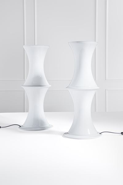 Lampade da tavolo della serie Bamboo, vetro opalino e metallo, 1970 ca.