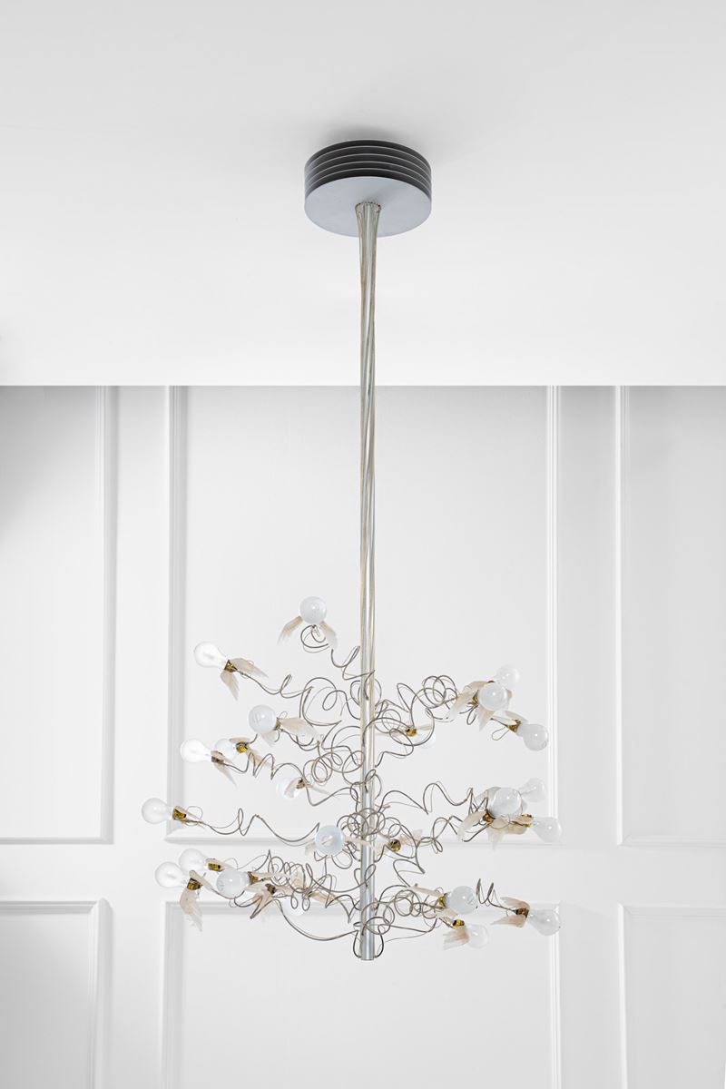 Ingo Maurer - Lampadario 'Birds Birds Birds', 1992-2018, metallo e piuma d'oca