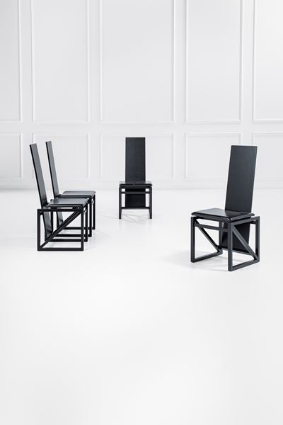 Quattro sedie modello Edo, legno laccato e similpelle, 1980 circa