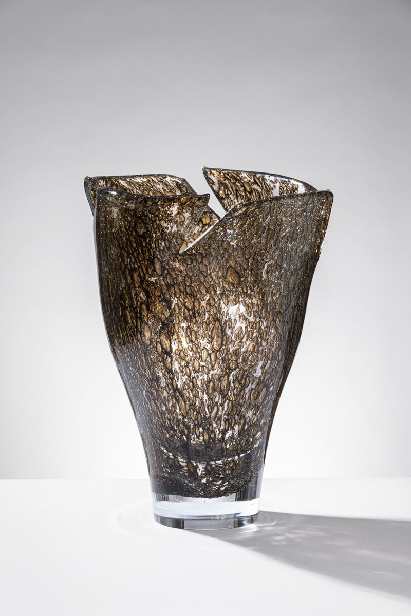 Toni Zuccheri - Vaso della serie Grovigli, vetro soffiato cristallo con fili e polveri di argento...