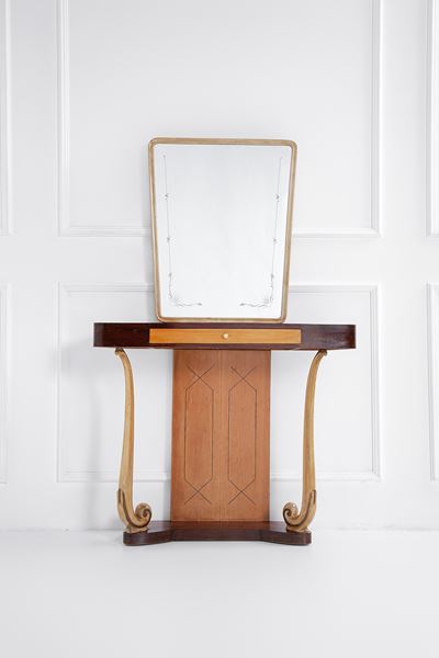 Console con specchiera, legno impiallacciato e laccato con vetro specchiato decorato, anni 1940 c...