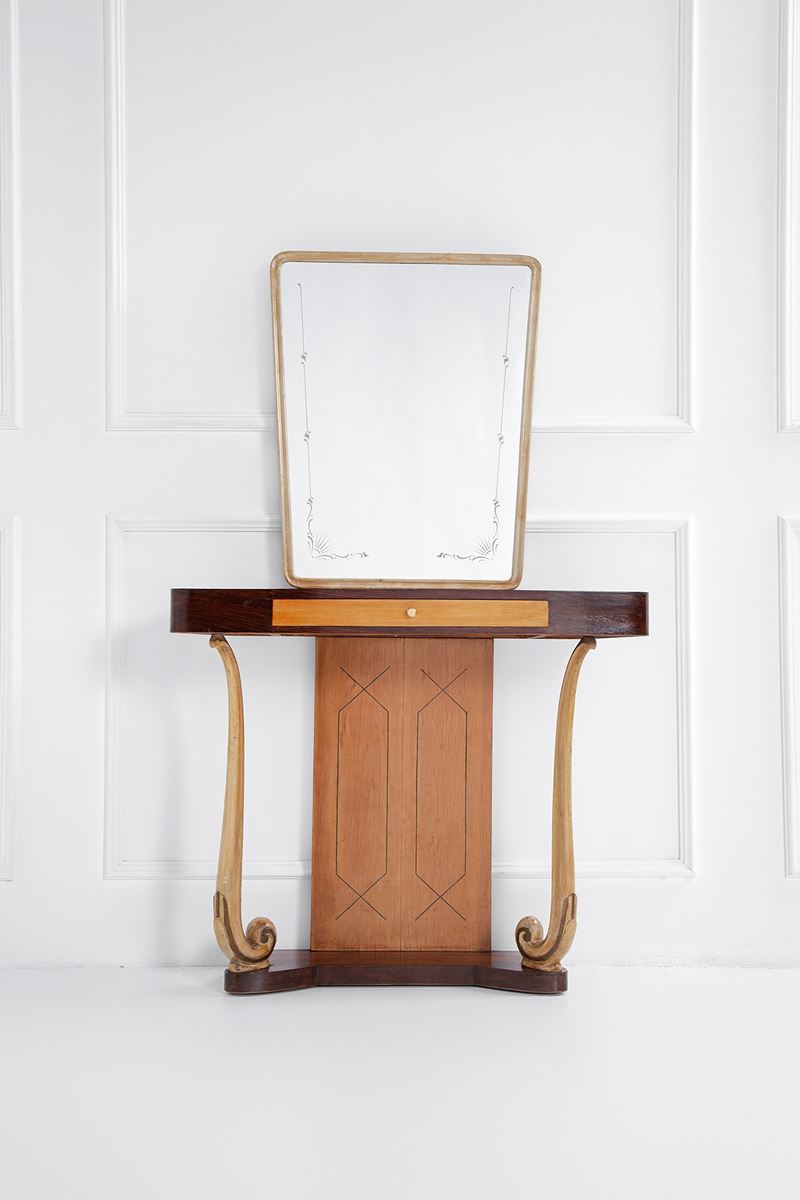 Console con specchiera, legno impiallacciato e laccato con vetro specchiato decorato, anni 1940 c...