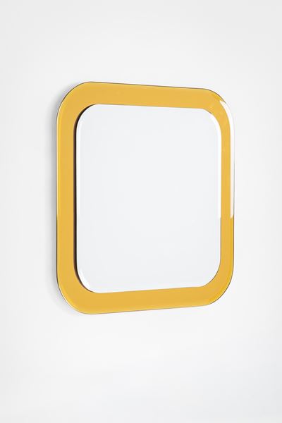Specchio da parete in vetro colorato molato e vetro specchiato