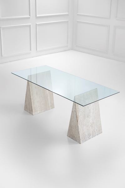 Tavolo TP/CZ, travertino e vetro molato