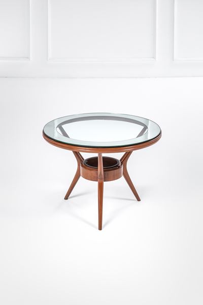 Tavolino, legno e vetro molato con fascia specchiata (ca. 1950)